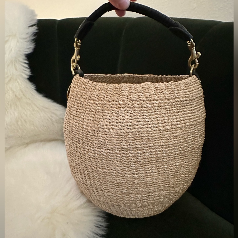 Clare V Beige Woven Bucket Hobo with Black Handle and Gold Hardware - Picture 11 of 11